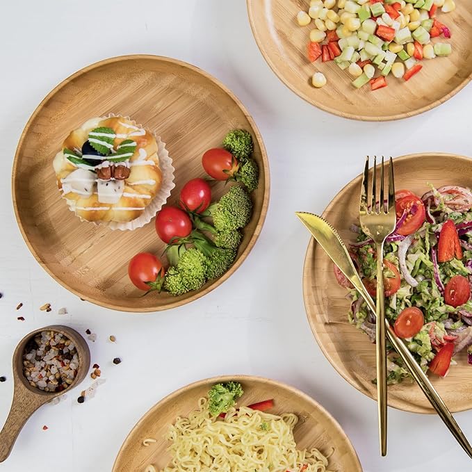 Bamboo Plates 7.5Inch Round Bamboo Plates Reusable Dinner Plates Tableware Set of 6 Wooden Plate Lightweight Dishes Snack, Dessert, Unbreakable Classic Plate