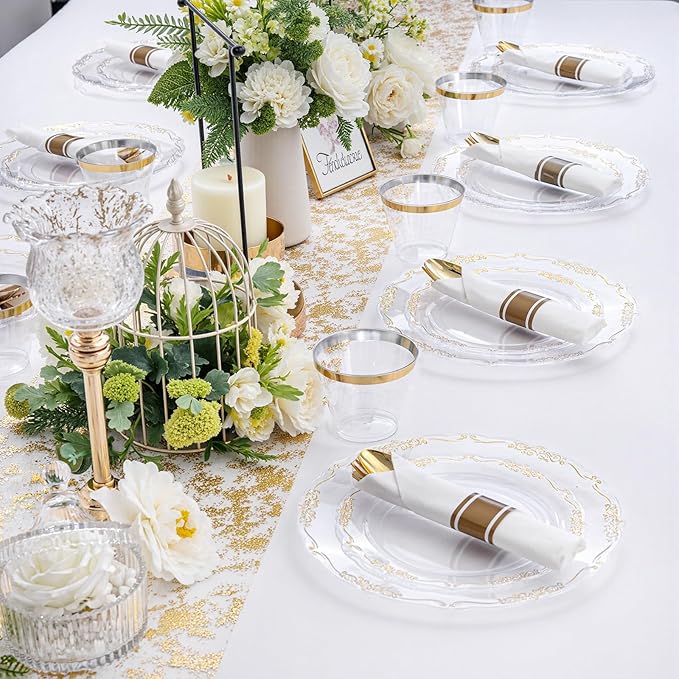 U-QE 100PCS Clear Gold Plastic Plates - Disposable Heavy Duty Clear Plates with Gold Rim Including 50PCS 10'' Dinner Plates & 50PCS 7.5'' Dessert Plates Perfect for Party, Weddings