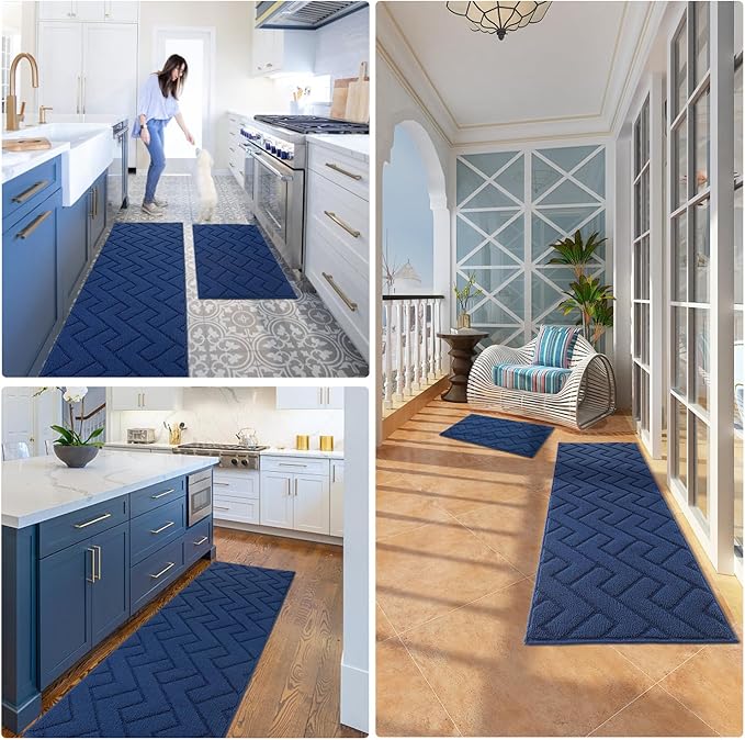 hicorfe Kitchen Rugs and Mats Sets,2 Pieces Super Absorbent Polypropylene Non-Slip Rug,Soft Comfort Floor Mat,Washable for Kitchen,Hallway,Office,Sink,Laundry(24" x 35"+24" x 71",Navy Blue)