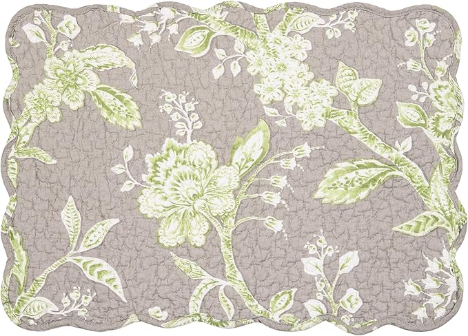 C&F Home Julia Reversible Scalloped Quilted Vintage Floral Flower Themed Jacobean Dining Tabletop Placemats Set of 6 All Seasons Spring Summer Home Kitchen Dinner Table Décor Decoration S/6 Grey &