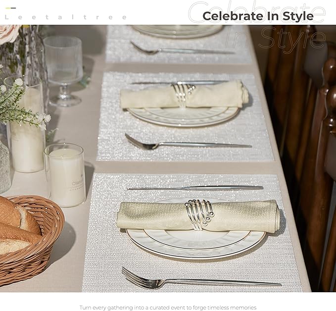 Leetaltree Luxury White and Silver Woven Placemats Set of 4 - Waterproof Washable Textured Table Mats for Wedding, Anniversary, Daily Use - Sparkling Metallic Thread Table Decor - Hand-Cut