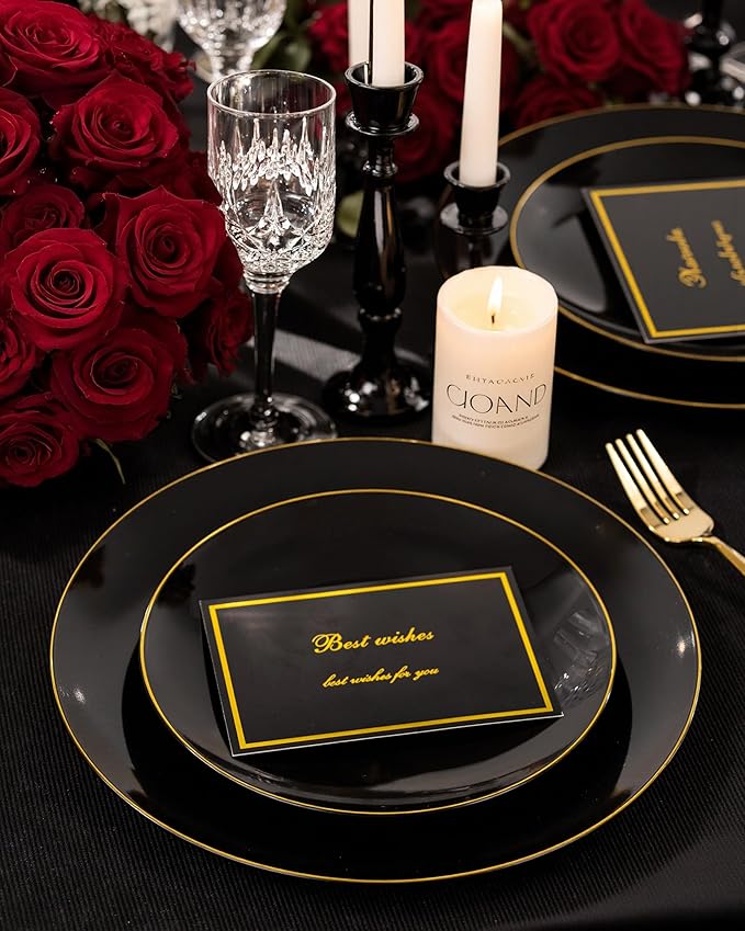 Nervure 100PCS Black and Gold Plastic Plates - 10.25 inch Black Disposable Plates - Gold Rim Dinner Plate - Black Dinner Plate Ideal for Wedding & Party