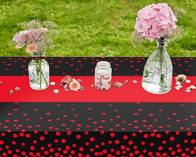 Oudain 6 Pcs Black and Red Tablecloth for Parties Plastic Dot Tablecloths Printed Table Runner Waterproof Disposable Rectangle Table Cover for Christmas Birthday Wedding Party, 54" x 108"
