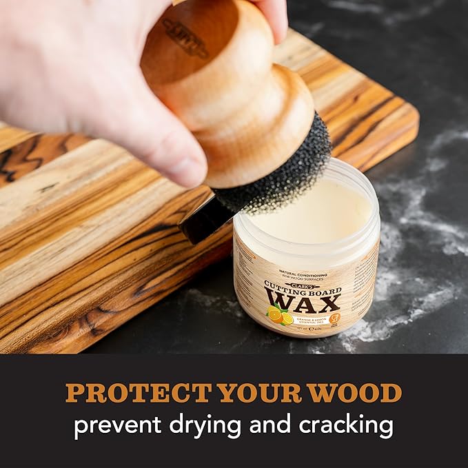 CLARK’S Cutting Board Oil and Wax Kit – Includes Food Grade Mineral Oil (12oz), Finishing Wax (6oz), Applicator, & Buffing Pad to Clean and Protect Wood, Enriched with Natural Lemon & Orange Extract