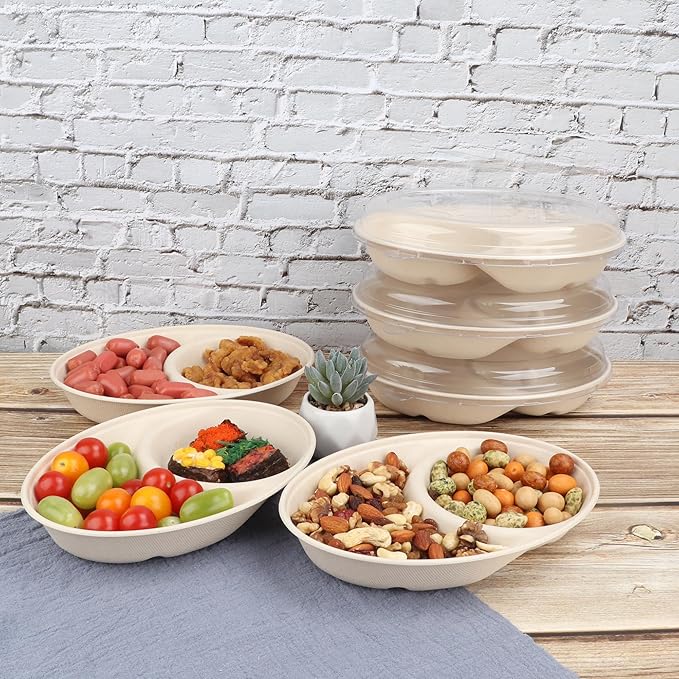 24 oz Oval Disposable bowls with lids,Sugarcane Salad Bowls 2 compartments take away food containers Plant Fibers 50 Pack