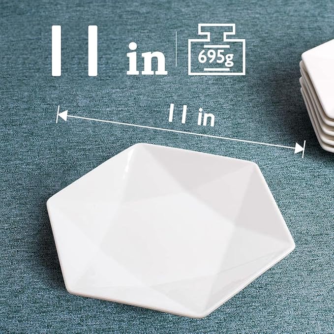 DELLING 11'' White Dinner Plates Set, Star - Geometric Serving platter, Dessert/Salad Plates for Meat, Appetizer, Dessert, Sushi, Party, Micorwave, Oven, adn Dishwasher Safe, Set of 4