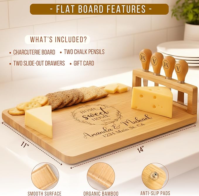 Personalized Bamboo Charcuterie Board Set with Fruit Tray - Housewarming, New Home, Gift for Couples, Wedding, Anniversary, Birthday, Bridal Shower, Women, Men, Valentines Day Gifts for Her, Him