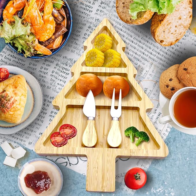 Bamboo Serving Platter, Multiple Spaces Reusable Bamboo Plates, Novel Shape Charcuterie Board Set with Knife & Fork, Fruit, Bread, Salad Plate for Christmas Thanksgiving (Christmas Tree)