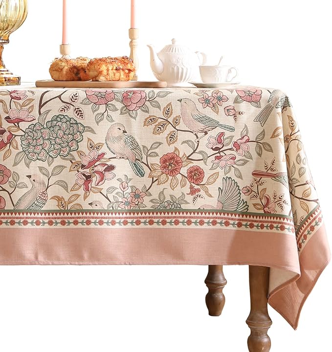 patdrea Designer Pink Linen Table Cloth for Sqaure Table,French Tablecloth with Birds Pattern,Small Colorful Decoration Cover for Kitchen Dining,Christmas,Party,Thanksgiving,55"x55"-Kulom a