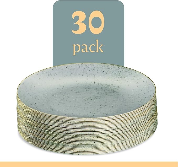 PLASTICPRO 30 Pack Disposable Plastic Plates Heavyweight Granite Look Elegant 9 inch Dinner Plates Green with Gold Rim