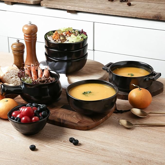 vicrays Ceramic Cereal Bowls Set - Porcelain 26 Ounce Soup Salad Bowls Set - Rice Dessert Cream Bowls Set - Chip Resistant Dishwasher Microwave Safe - Set of 6 (Black)