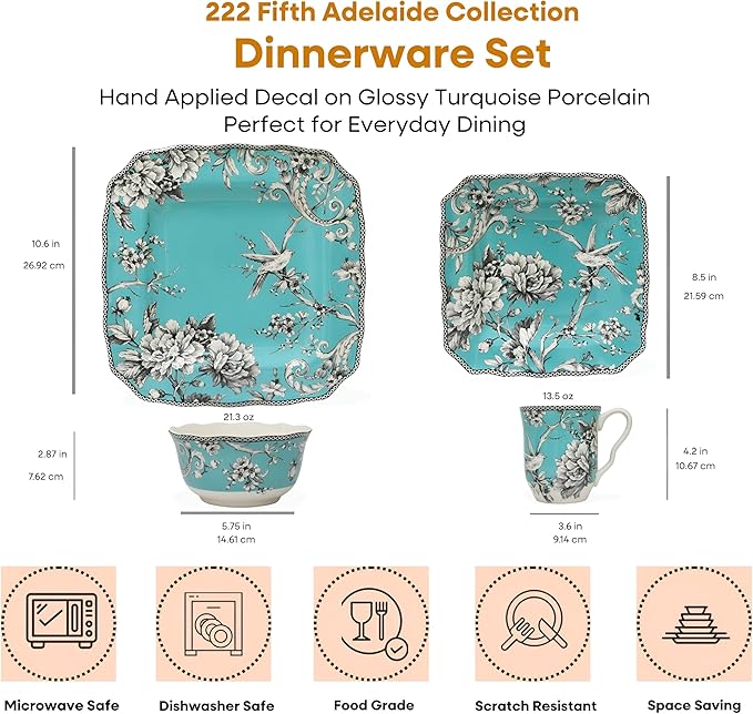 222 Fifth Adelaide 16-Piece Square Floral Dinnerware Set – Service for 4, Turquoise Porcelain Plate, Bowl & Mug Set, Chip Resistant, for Everyday Dining & Entertainment, Microwave & Dishwasher Safe