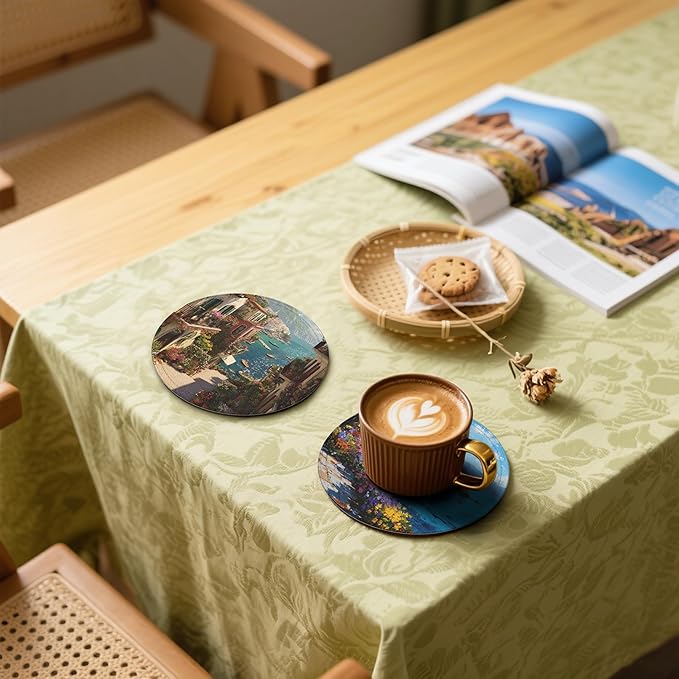 Ocean City Coasters Leather Round Drink Coasters 6 Pcs Set with Holderor for Cup Drink Coffee Table Bar Home Decor