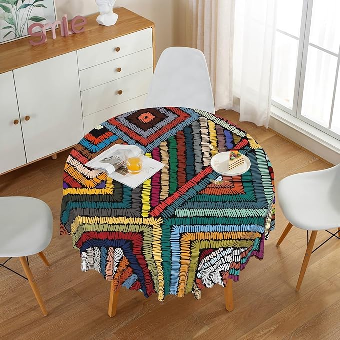 Laeacco 24 Inch Colorful Patchwork Round Tablecloth Woven Geometric Pattern Abstract Art Print Table Cloth Washable Waterproof Wrinkle Free Table Cover for Kitchen Dining Picnic Party Decoration