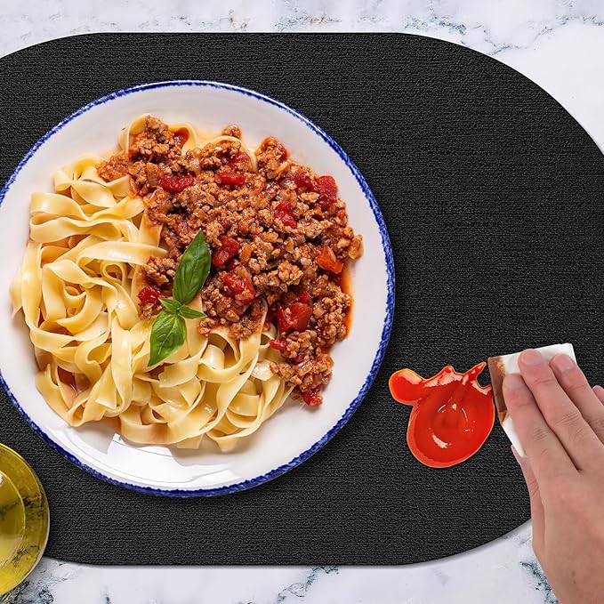 Placemats for Dining Table Set of 6 Non-Slip, Heat Resistant Oval Leather Placemat Double Layer, Waterproof Table Mats Easy to Clean for Kitchen Dining Room Coffee Office Table, Black