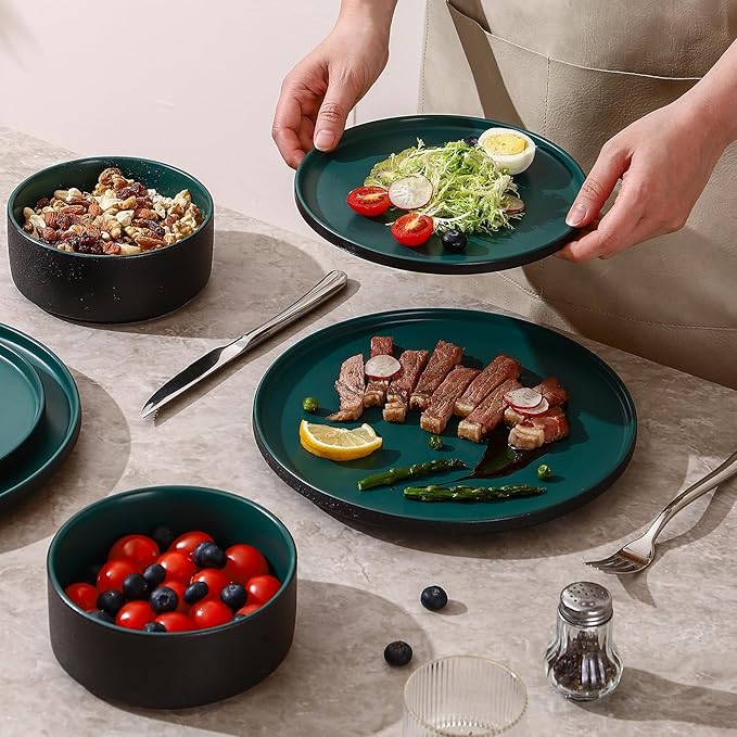 GZG Classic Series - Plates and Bowls Set for 2, 6 Piece Stoneware Dinnerware Sets, Microwave and Dishwasher Safe Lead-Free Handcrafted Ceramic Dishes Set - Malachite Green