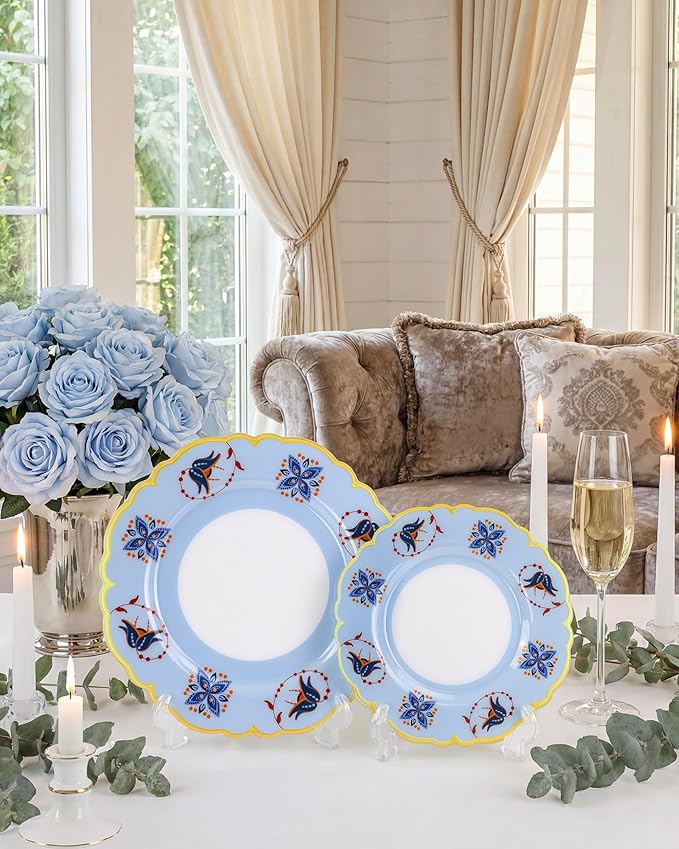 Morejoy 60Pcs Plastic Disposable Plates Set - Blue Plastic Plates Featuring Blue & Orange Floral Design With Gradient Gold Rim. Includes 30 Dinner Plates & 30 Dessert Plates, Perfect for Wedding,Party
