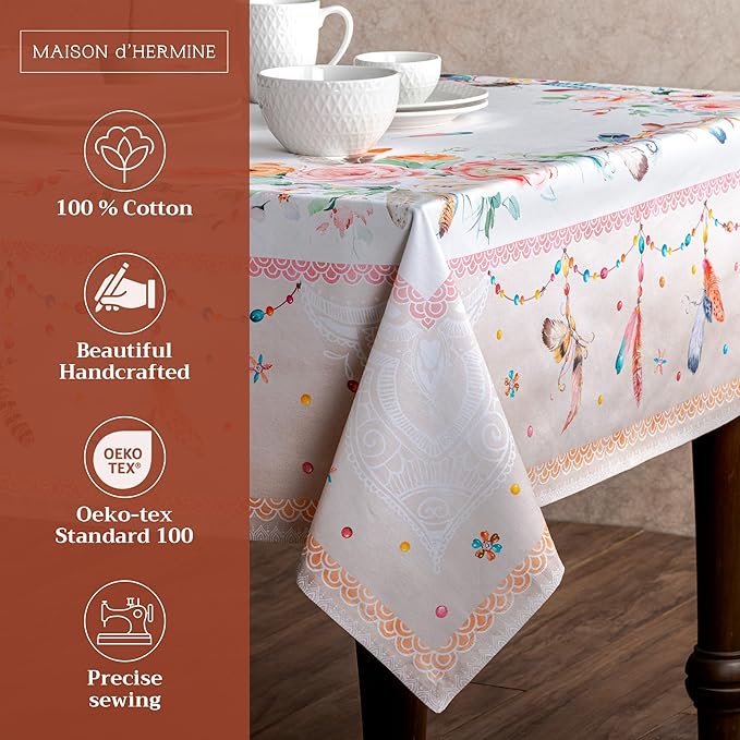 Maison d' Hermine Table Cloth Square Table 100% Cotton 60 x 60 Inches Tablecloth Reusable Decorative for Dining Room Farmhouse Home Valentines Day Decorations Spring Summer - Ibiza - Beige