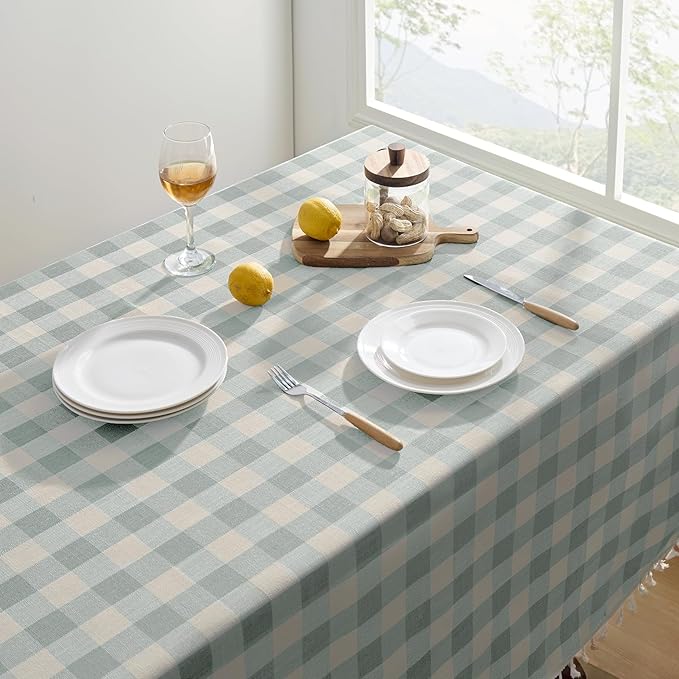 Softalker Checkered Tablecloth Rectangle, Outdoor Linen Cotton Gingham Table Cloth with Tassel, Heavy Duty Wrinkle Free Buffalo Plaid Table Cover for Kitchen Dining Home Party - 55 x 84 Inch, Aqua