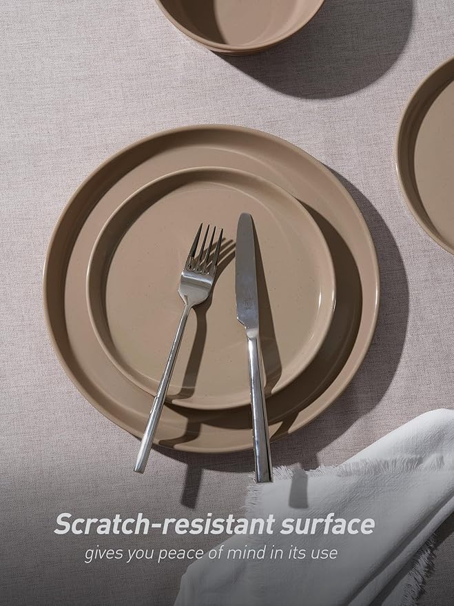 Famiware Saturn Dinnerware Sets for 4, 12 Pieces Stoneware Plates and Bowls Dish Set - Chip and Scratch Resistant, Microwave and Dishwasher Safe Tableware, Cinnamon Brown