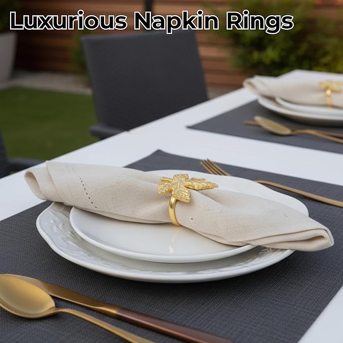 CLEENTABLE Elegant Handcrafted Leaf Napkin Rings - Set of 12 Premium Aluminum Holders for Dinner Parties, Weddings, Special Occasions & Everyday Dining (Gold)