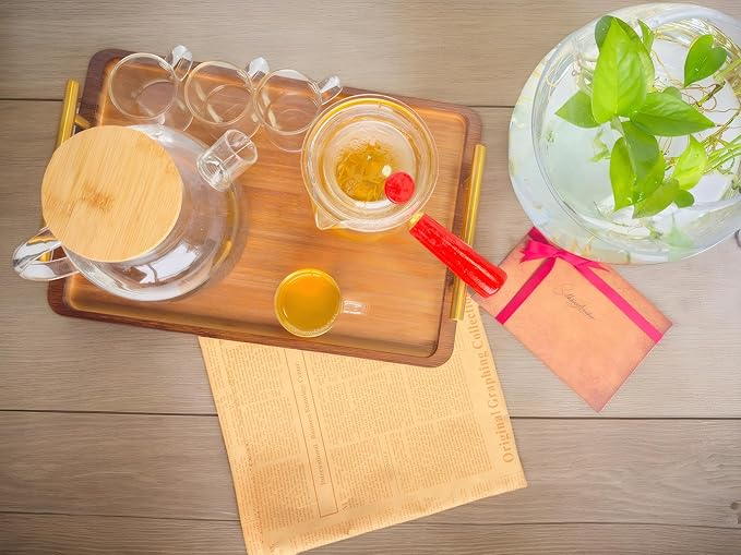Bamboo Serving Tray with Gold Handles - Small Wood Serving Tray for Breakfast in Bed, Coffee Table, Dinner & bar - Decorative Bed Table Tray for Kitchen or Bedroom（11.8" x 7.5" x 2"）