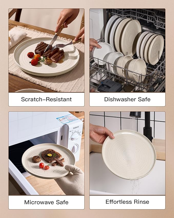 Stoneware Dinnerware Set, Highly Chip and Scratch Resistant Everyday Plates and Bowls for 8 (24pcs), Reactive Glaze Speckled Ceramic Flared Dishes with Gift Box, Microwave Dishwasher Safe, Shell Beige