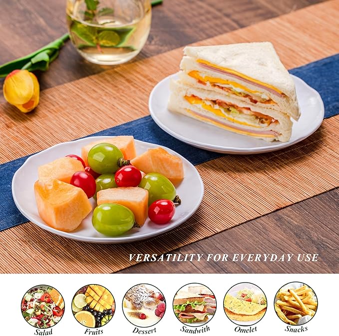 6.7-Inch Melamine Dessert Plates (Set of 6) - Unbreakable and Reusable Dinnerware with Ceramic Feel, Stackable and Dishwasher-Safe (White)