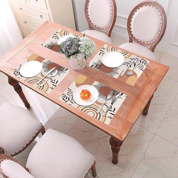 Mid Century Abstract Boho Placemats Orange Vintage Aesthetic Nature Leaf Sun Modern Washable Place Mats 12x18Inch for Dining Kitchen Farmhouse Decor 6 PCS
