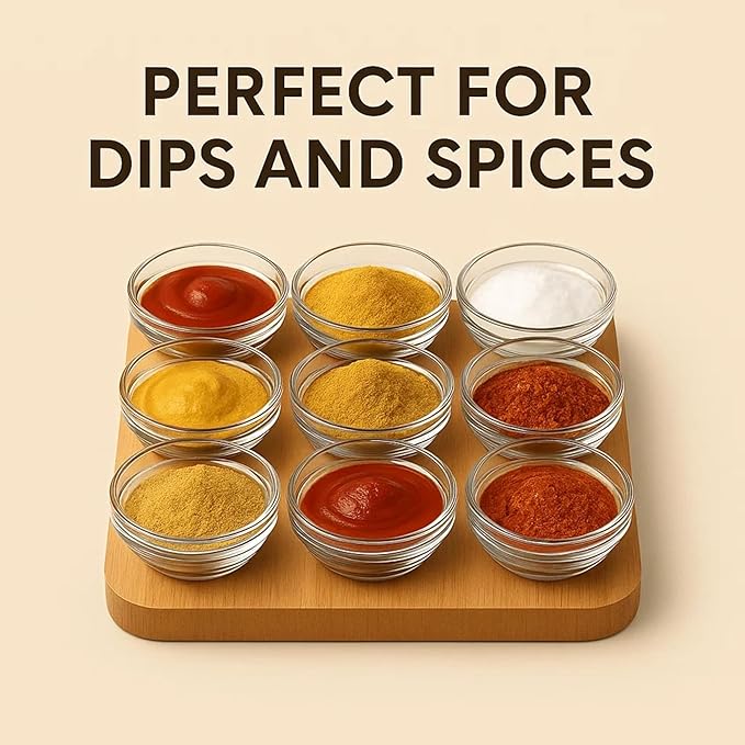 JO! Small Glass Bowl Set with Serving Tray - Set of 9 Mini Glass Bowls (1 oz) with Wooden Tray - Dishwasher & Microwave Safe - Ideal for Party, Snacks, Dipping Sauce, Charcuterie Board and Condiment