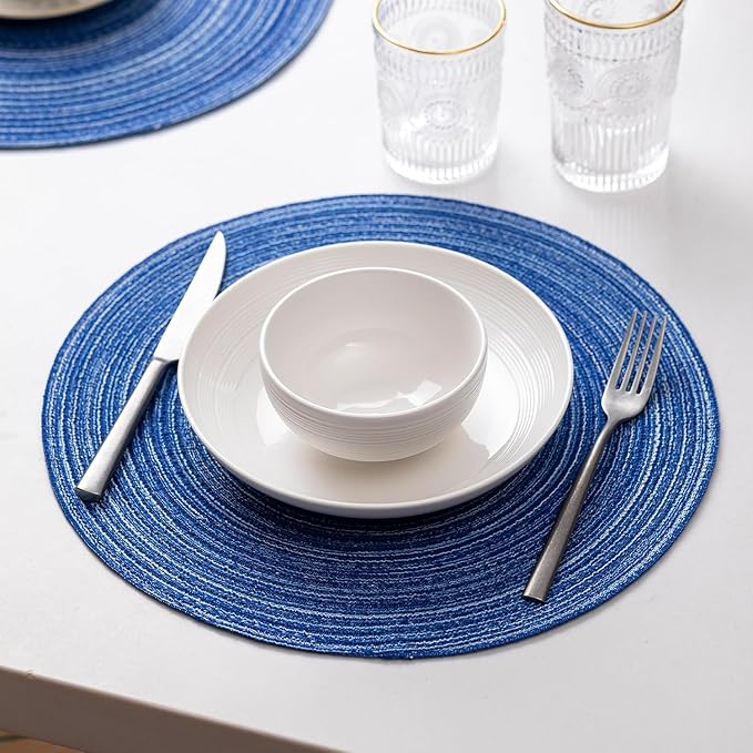 Round Placemats Set of 4 Woven Placemats Washable Braided Table Mats for Dining Table Heat Resistant Non-Slip Circle Place Mats(Royal Blue)