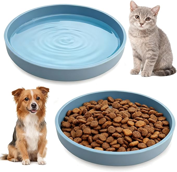 Silicone Cat Bowl Set of 2 Shallow Cat Dishes Small Non-Slip Pet Dog Bowls for Dry & Wet Food, Whisker Fatigue (Round Blue)