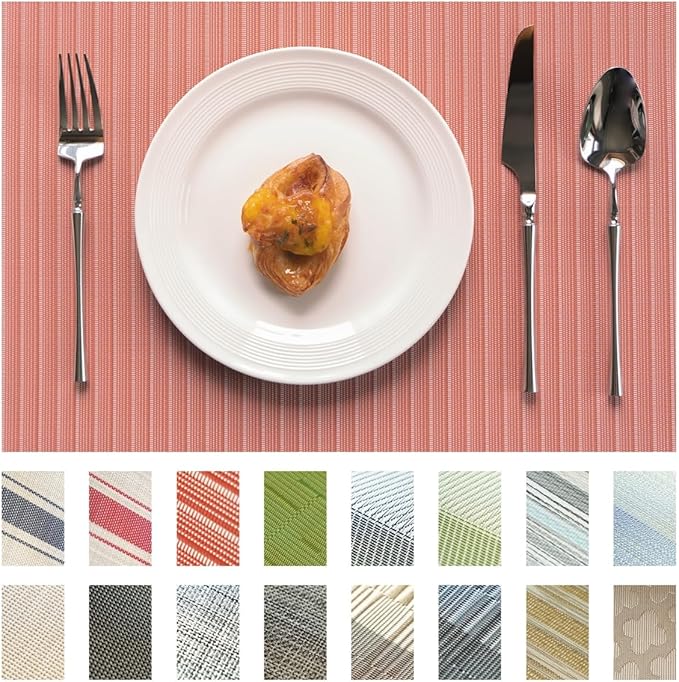 Placemats Set of 8 Vinyl/Plastic Woven Place Mats for Kitchen Table Indoor/Outdoor Washable Placemat Wipeable Dining Table Mats (Red Stripes,8)