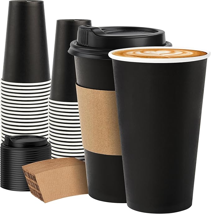 50 Pack 16 oz Disposable Coffee Cups with Lids and Sleeves, Sturdy Paper Cups for Hot/Cold Drinks, Leak-Proof To Go Coffee Cups with Lids for Home, Café, Events, Office, Black