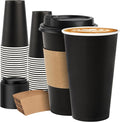 50 Pack 16 oz Disposable Coffee Cups with Lids and Sleeves, Sturdy Paper Cups for Hot/Cold Drinks, Leak-Proof To Go Coffee Cups with Lids for Home, Café, Events, Office, Black