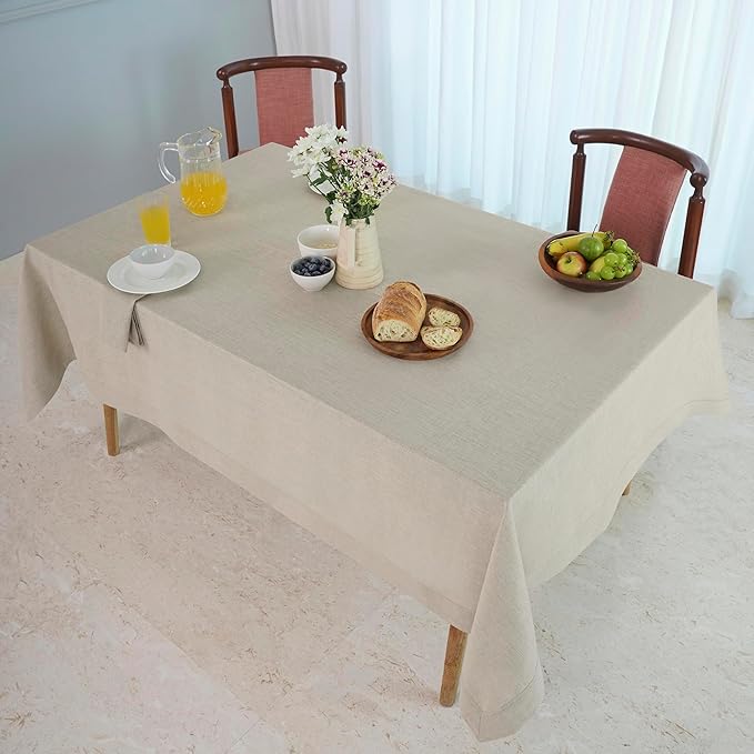 D'Moksha Homes Linen Natural Tablecloth 60 x 90 Inch - 100% Pure Linen Rectangular Tablecloth - Machine Washable Table Cloth for Valentines, Spring, Easter