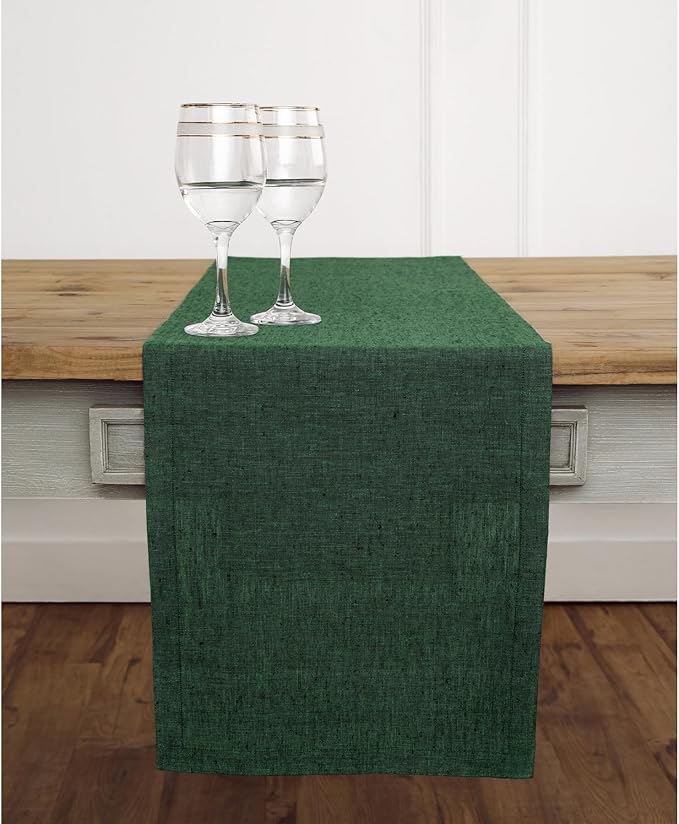Solino Home Linen Table Runner 132 Inches Long - Athena, 100% Pure Linen Forest Green 14 x 132 Inch Table Runner for Dining, Winter, Easter, St Patricks Day