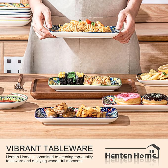 Henten Home Porcelain 8 Inch Dessert Plates, Ceramic Rectangular Salad Plate Set of 6, Bohemian Serving Dishes for Sushi, Appetizer, Cake, Sashimi, Microwave & Dishwasher Safe