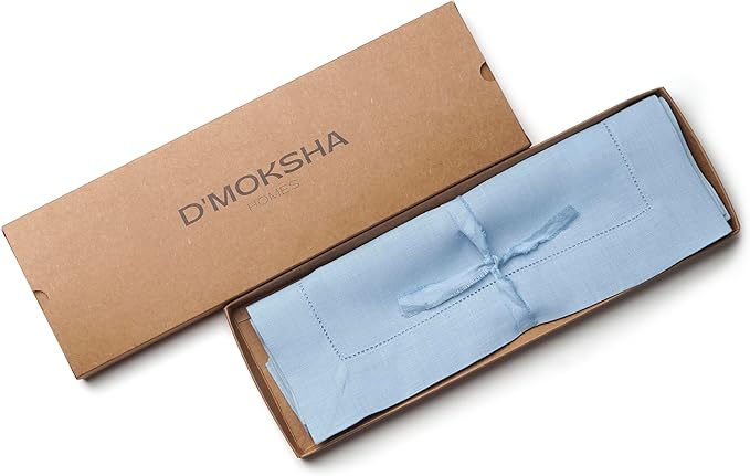 D'Moksha Homes Powder Blue Linen Cloth Placemats Set of 4-100% Pure Linen Hemstitch Placemats 14 x 19 Inch - Classic Hemstitch Table Place Mats for Spring, Easter - Handcrafted and Machine Washable