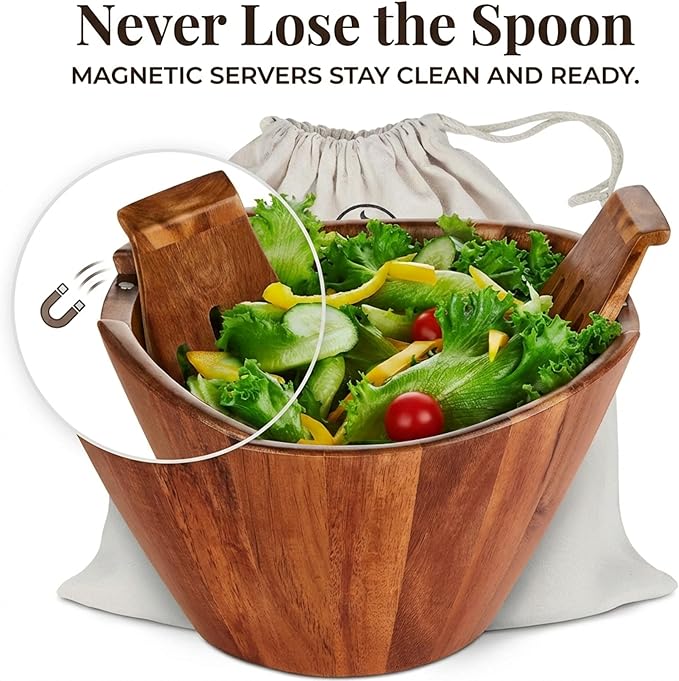 Night Tree Large wooden salad bowl with serving forks mixing, wood salad bowl set for food or fruits, magnetic utensils fit for 6–8 servings, ideal to family meals or as a unique gift