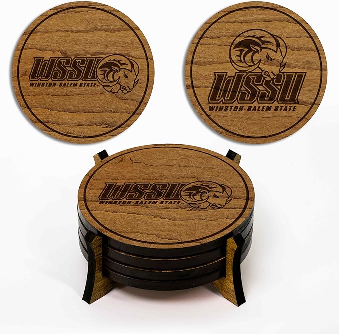 LazerEdge Winston Salem State Rams Wooden Coaster Set - Cherry Wood - Officially Licensed Product - 4-Pack