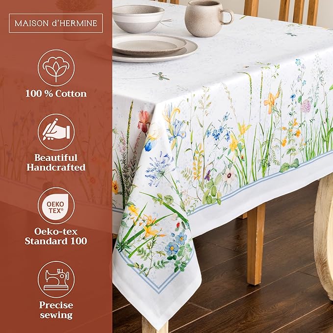 Maison d' Hermine Table Cloth Rectangle Table 100% Cotton 60 x 108 Inches Tablecloth Reusable Decorative for Dining Room Farmhouse Home Valentines Day Decorations Spring Summer - Fleurs De Mai