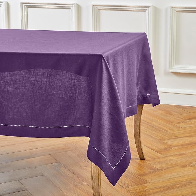 Solino Home Linen Purple Tablecloth 54 x 72 Inch - Classic Hemstitch, 100% Pure Linen Rectangular Tablecloth - Machine Washable Table Cloth for Valentines, Spring, Easter