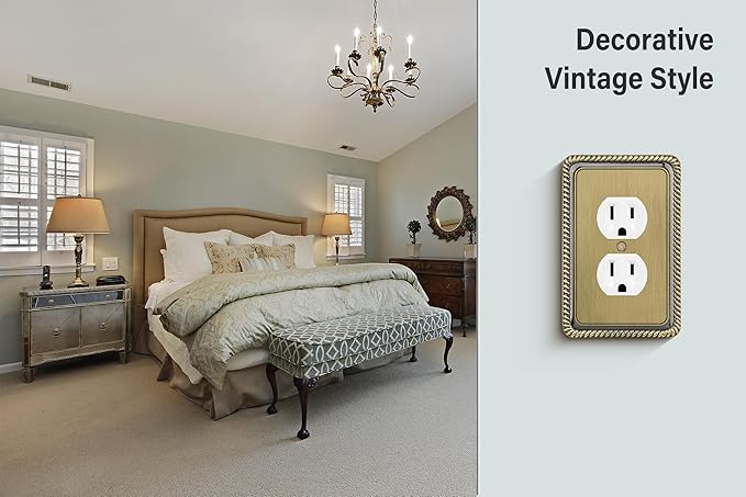 Henne Bery Rope Edge Decorative Wall Plate Switch Plate Outlet Cover (Single Duplex, 2 Pack, Antique Brass)