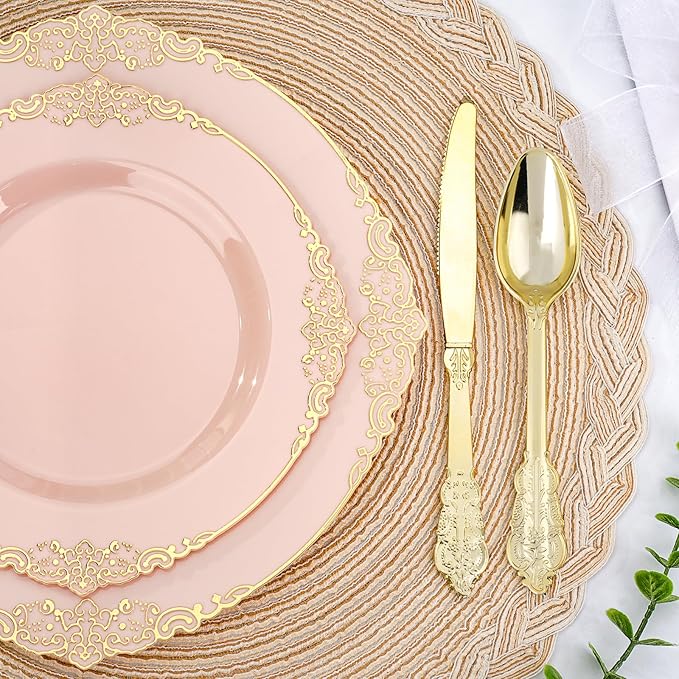 350 PCS Pink and Gold Plastic Plates, Plastic Dinnerware Set for 50 Guests, 100 Disposable Plates, 150 Silverwares, 50 Cups, 50 Napkins for Party, Wedding, Graduation