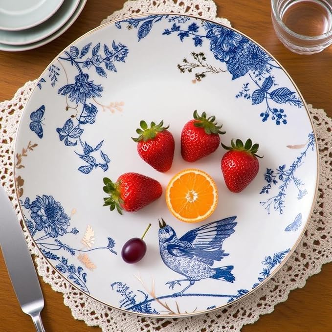 Porcelain Floral Plates Ceramic 8 Inch & 10 Inch Ceramic Plates 4 Pieces, Dessert Plate Blue and White, Salad Plate Set, Floral Dinnerware Set for Kitchen, Dinner Plate for Cake Snacks Side Dish