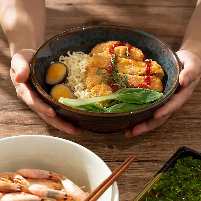8 Inch Ceramic Ramen Bowl Set of 2, 40oz Japanese Bowls with Spoons & Chopsticks,Durable,Microwave & Dishwasher Safe,Perfect for Ramen,Pho,Salad,Soup,Noodles，Mixing bowls（Verdigris Green）
