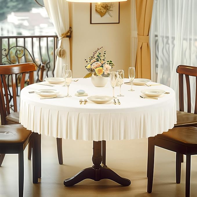 2 Pack Ivory Spandex Round Tablecloths for 72in Table, Stretchy Fitted 6FT Round Table Cloths, Wrinkle Free Table Cover with Skirt for Wedding Birthday Party Bridal Shower Banquet