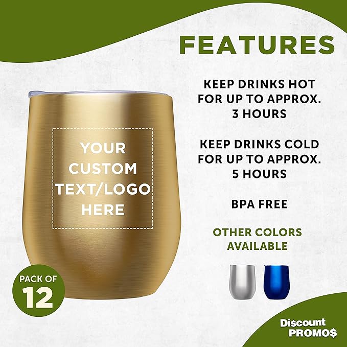 Custom Stemless Wine Glass Tumblers with Lids by Largo 11 oz. Set of 12, Personalized Bulk Pack - Perfect for Wine, Cocktails, Other Hot & Cold Beverages - Gold