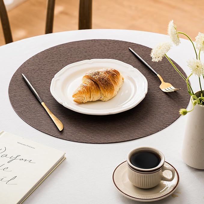 Jovono 15" Faux Leather Big Round Placemats Set of 6 - Washable Heat Resistant Non-Slip Dining Table Mats with Fabric Texture for Kitchen Home Party Decor, Coffee